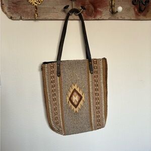Vintage Woven Wool Aztec Tote Bag with Leather Straps - Brown/Beige